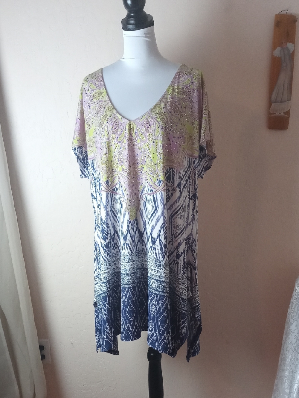Avenue Studio Paisley & Ikat V-Neck Tunic in Lime Green. Lavender & Navy